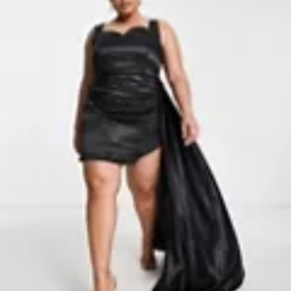 Yaura Plus Satin Mini Dress with Side Train in Black, Size 18 - Picture 3 of 7
